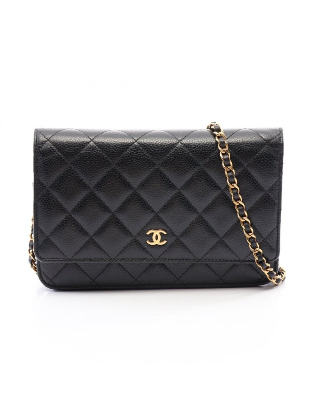 Chanel Shoulder Bag Quilted Black Caviar Leather Chain Wallet